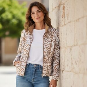 Activology Animal Print Jacket White and Tan Zip Up size LP